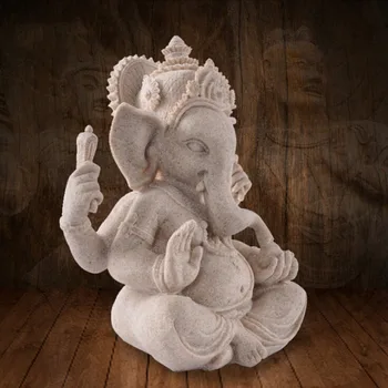 Sandsten Ganesha Elefant Hoved Gud Statuen Skulptur Handcarved Figur Hjem Bruser Indretning Håndværk