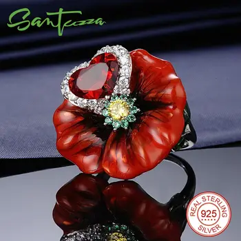 SANTUZZA Sølv Blomst Ringe Til Kvinder 925 Sterling Sølv Fashion Ringe til Kvinder 2017 Cubic Zirconia Ringen Smykker, Emalje