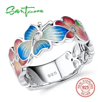 SANTUZZA Sølv Ring For Kvinder 925 Sterling Sølv Mode Blomst Ringe til Kvinder Cubic Zirconia Ringen Part, Smykker, Emalje