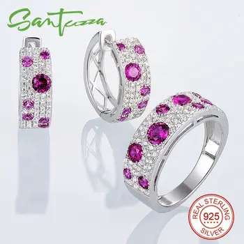 Santuzza Sølv Smykker Sæt til Kvinder Naturlige Røde Sten Smykker Sæt Stud Øreringe Sæt Ring 925 Sterling Sølv Smykke Sæt