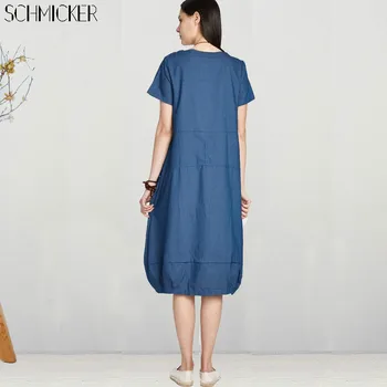 SCHMICKER Kvinder Sommeren Korte Ærmer Oversize Solid Løs Denim Kjole Plus Size Overalls Kvinde Korea Elegante Jeans Midi Kjoler