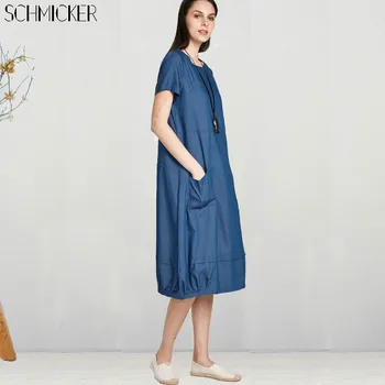 SCHMICKER Kvinder Sommeren Korte Ærmer Oversize Solid Løs Denim Kjole Plus Size Overalls Kvinde Korea Elegante Jeans Midi Kjoler