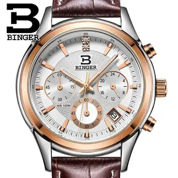 Schweiz BINGER herreur luksus mærke Kvarts vandtæt i ægte læder rem auto Date Kronograf Armbåndsur BG6019-M3