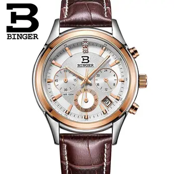 Schweiz BINGER herreur luksus mærke Kvarts vandtæt i ægte læder rem auto Date Kronograf Armbåndsur BG6019-M3