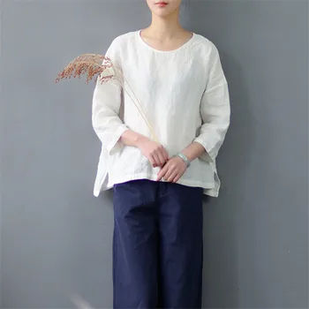 SCUWLINEN 2018 Foråret Sommeren Kvinder Toppe Solid Zen Vintage Uregelmæssige Løs Tre Kvart Ærmer Hør T-shirt til Kvinder S533