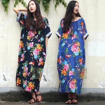 SCUWLINEN 2018 Kvinder Summer Linned Kjole Vintage Blomst med Sommerfugl Print Løs Mellemlang-Lang Kjole Plus Size Casual Kjole S18