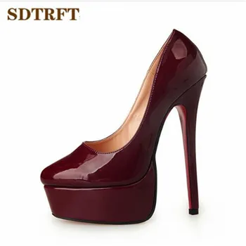 SDTRFT mode 16cm Ultra høje tynde hæle platform sexet japanned læder kvinder bryllup sko damer pumper plus:40-45 46 47 48