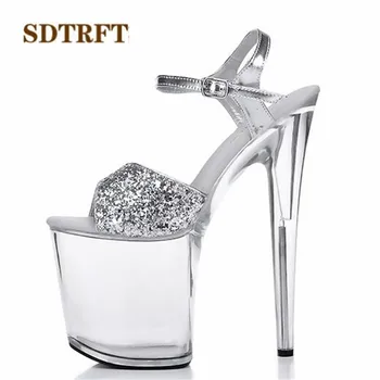 SDTRFT Plus:34-44 Flerfarvet mode sko kvinde sexet gennemsigtig Platforme Åben Tå 20cm ultra tynde høje hæle platform sandaler