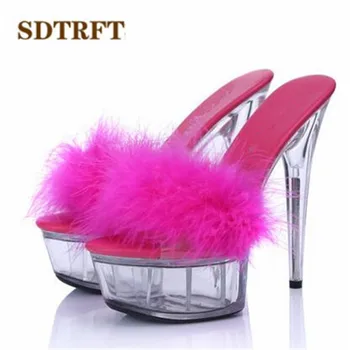 SDTRFT Plus:34-44 Sommeren stykke gennemsigtig krystal platform sandaler 15cm tynd højhælede sko kvinde pumper kvindelige tøfler