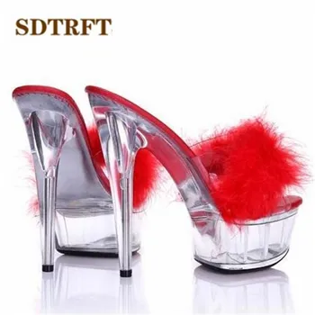 SDTRFT Plus:34-44 Sommeren stykke gennemsigtig krystal platform sandaler 15cm tynd højhælede sko kvinde pumper kvindelige tøfler