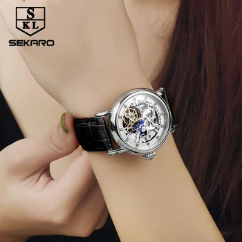 SEKARO Brand Kvinder Mekanisk Ur Diamant Damer hånd-vikling Armbåndsure Læder Mode Skelettet Dial Gave til Kvinder