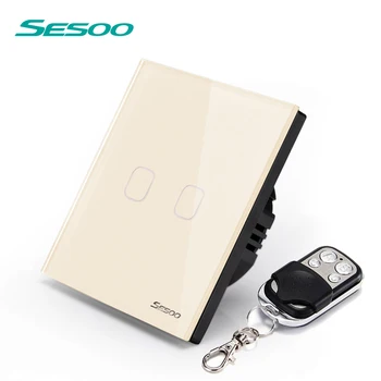 SESOO EU/UK 2 Gang 1 Måde Fjernbetjening Touch Remote Switch Wall Light Switch Med Cystal Glas Panel og LED-Indikator hvid