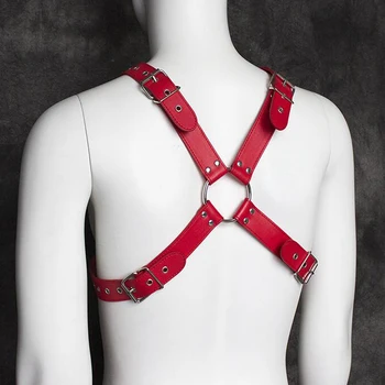 Sexede Mænd Undertøj rød imiteret Læder Justerbar Krop brystsele Bundet Kostume metal pin Spænde remmen bælter tilbehør
