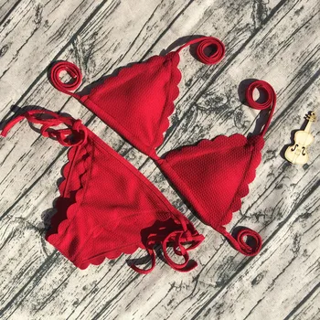 Sexet Bikini Sort Rød Forbinding Kvinde Bikini Sæt 2018 Flosset Badetøj Bølge Kant Kvinder Badedragt Brasilien Biquinis Badetøj