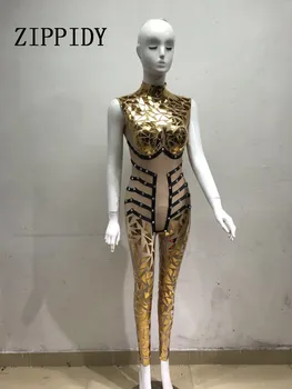 Sexet Guld Pailletter Buksedragt Lyse Aften Outfit Part, der Glimter Krystaller Bodysuit Kostume i Ét stykke Designet Fase Tynde Rompers
