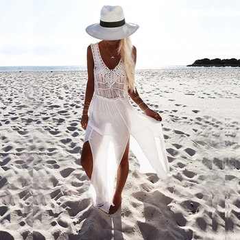 Sexet hvid beach cover up bikini dække op badetøj kvinder sommer kjole stranden nederdel hæklet nederdel badedragt badedragt sommer