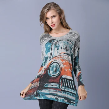 SFFZ Forår Vinter Sweater Kvinder Toppe Klassiske Biler Kunst Print Strikket Sweater 2018 Casual Mode Plus Pullover Til Kvinder Jumper