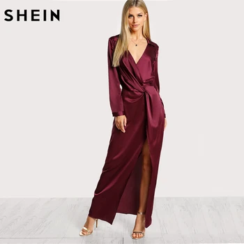 SHEIN Bourgogne Sexet festkjole Satin Foran Twist Wrap Kjole Revers Dyb V-Hals Lange Ærmer Split Maxi Shirt Kjole