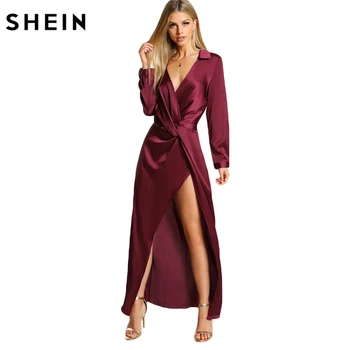 SHEIN Bourgogne Sexet festkjole Satin Foran Twist Wrap Kjole Revers Dyb V-Hals Lange Ærmer Split Maxi Shirt Kjole