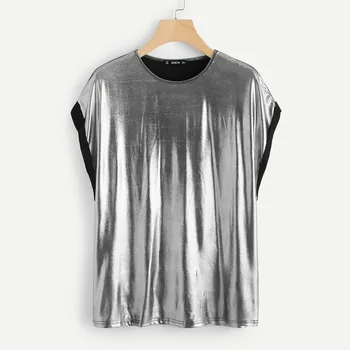 SHEIN Rulle Skære Belagt T-shirt Sølv Kort Ærme O Hals Regular Fit T-shirt Damer Fest Sommer T-shirts til Kvinder