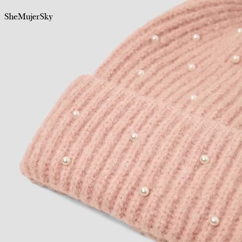 SheMujerSky Kvinder Hat Strikker På Tykke Bonnet Beanie Huer Solid Varm Vinter Perlebesat Hatte Mode Brand Huer