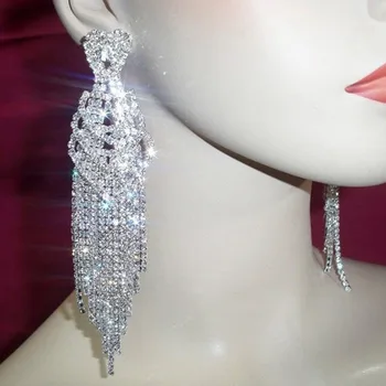 SHEVALUES Crystal Diamante Rhinestone Lang Kvast Øreringe Hjerte Form Drop Dingle Store Øreringe Kvinder Bryllup Brude Øreringe
