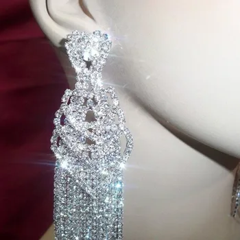 SHEVALUES Crystal Diamante Rhinestone Lang Kvast Øreringe Hjerte Form Drop Dingle Store Øreringe Kvinder Bryllup Brude Øreringe