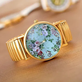 Shsby  Gold Elastisk rustfrit ure kvinder kjole quartz armbåndsur nye ankomst damer blomst ure