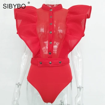 Sibybo Sorte Flæser Bodysuit Kvinder 2018 Sommeren Hule Ud Kombination Af Rompers Femme Sexet Kort Mesh Bodycon Overalls