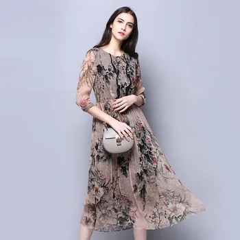 Silke Chiffon Kjole Vintage Kvinders Kjoler Med Foring Kinesisk Stil Blomst Trykt Silke Stof
