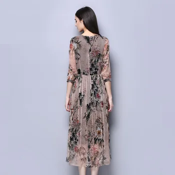 Silke Chiffon Kjole Vintage Kvinders Kjoler Med Foring Kinesisk Stil Blomst Trykt Silke Stof