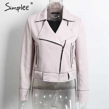 Simplee Beklædning Lynlås grundlæggende ruskind jakke frakke 2016 motorcykel jakke Kvinder outwear Pink bælte kort vinter jakker