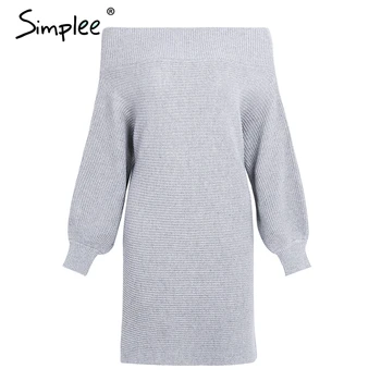 Simplee Off skulder lange strikkede sweater dress Kvinder elegante løs vinter pullover kjole Efteråret batw ærmer grå sweater, jumper