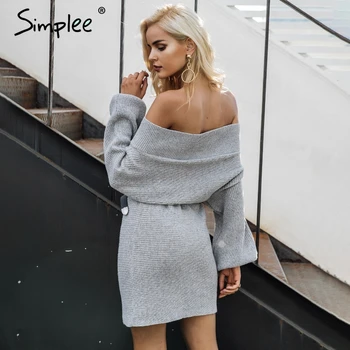 Simplee Off skulder lange strikkede sweater dress Kvinder elegante løs vinter pullover kjole Efteråret batw ærmer grå sweater, jumper