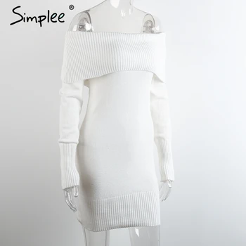 Simplee Vinter off skulder strikkes bodycon dress Kvinder med lange ærmer efteråret sexet kjole 2016 part korte hvide kjoler vestidos
