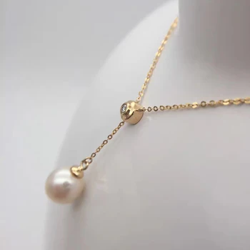 Sinya 18k Au750 guld halskæde indlæg 0.023 ct ægte Diamant med 9mm naturlige perler Y stil halskæde til kvinder, piger fine smykker