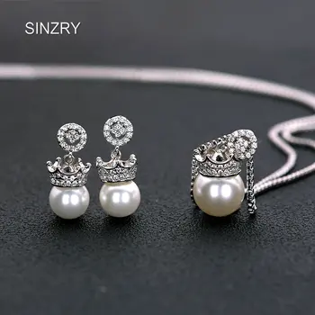 SINZRY 2018 søde nye cubic zirconia crown chokers Halskæde Øreringe Sæt Mode imiteret perle koreanske Smykker Sæt til Kvinder