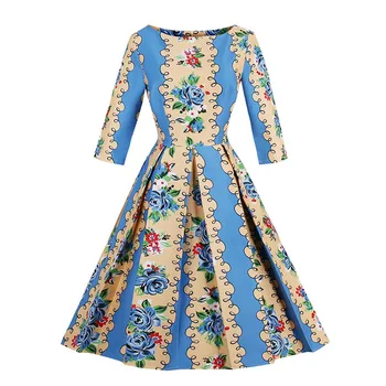 Sisjuly 1950'erne vintage efteråret kjoler kvinder solsikker print a-linje o hals bue fest elegant 2017 kvindelige nye vintage kjoler