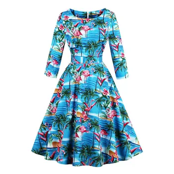 Sisjuly 1950'erne vintage efteråret kjoler kvinder solsikker print a-linje o hals bue fest elegant 2017 kvindelige nye vintage kjoler