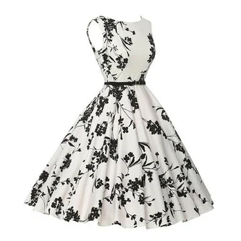 Sisjuly vintage kjole 1950'erne sommer blomster print en linje, fest kjoler o hals hvid ærmeløs retro elegante kvinder swing kjole nye