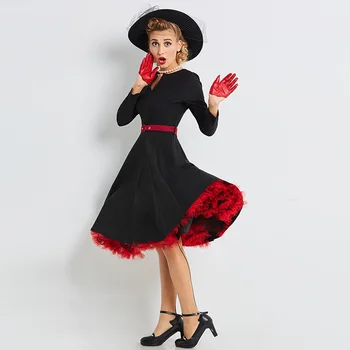 Sisjuly vintage kvinder kjole efteråret langærmet retro v hals sorte kjoler, røde vinger bomuld foråret solid elegant vintage kjole