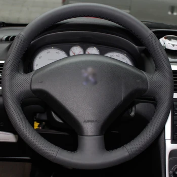 Skinnende hvede Hånd-syet Sort Læder Rat Dækning for Peugeot 307 Bil
