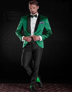 Skinnende Satin Grønne Tuxedo Jakke Med Sorte Bukser skræddersyet Nette Kjoler, Groomsman, der Passer bryllup jakkesæt (Jakke+Pantst)