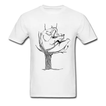 Slappe af Elefant På Et Træ Mænd Blyant Tegning Hvid T-shirt Kreative Tegneserie Design Mandlige Bomuld T-Shirts Sjove Søde Dyr