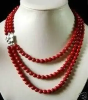 Smuk 3 rækker 6mm red kunstige koraller runde perler halskæde naturlige shell lås kvinder smykkefremstilling 17-20inch YE2110