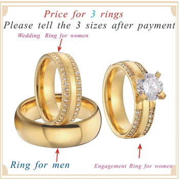 Smuk 3 stykker forlovelsesringe sæt Guld farve Custom Handmade Cubic Zirconia Bryllup Band Par Ringe til Kvinder