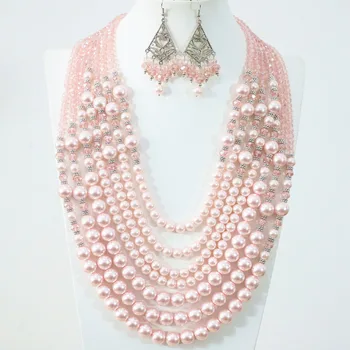 Smuk 7 rækker halskæde øreringe pink runde efterligning shell pearl glas perler, abacus unikke design kvinder smykker sæt B1295