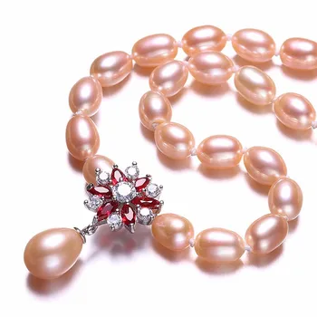 Smuk Rød Blomst 925 Sterling Sølv Perle Halskæde,Hvid/Pink/Lilla Naturlige Ferskvands Perle,Fine Smykker, Kvinder Halskæde