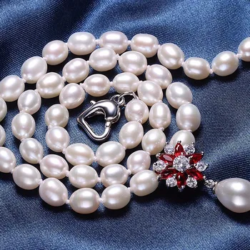 Smuk Rød Blomst 925 Sterling Sølv Perle Halskæde,Hvid/Pink/Lilla Naturlige Ferskvands Perle,Fine Smykker, Kvinder Halskæde