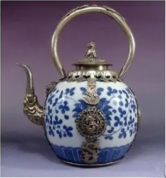 Smuk silver dragon Blå og Hvid Porcelæn tepotte Have Dekoration ægte Tibetansk Sølv Messing
